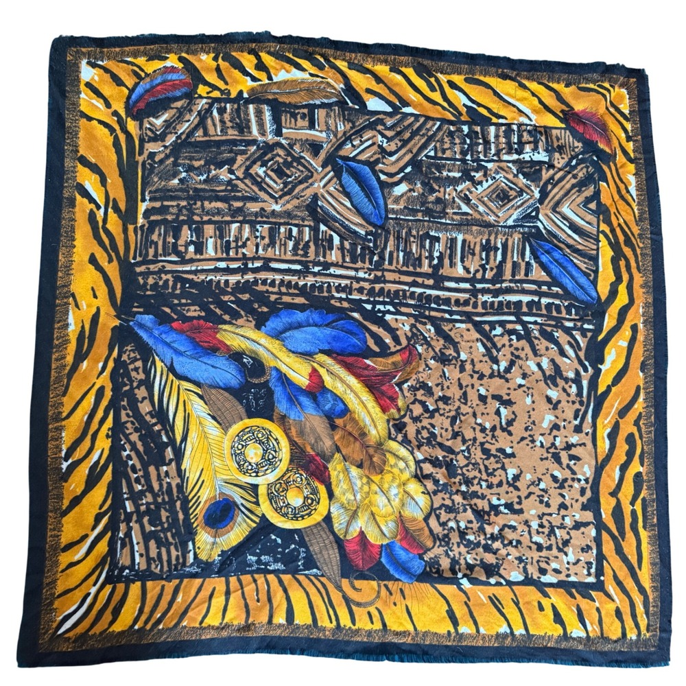 Vintage Tribal Feather Print Square Scarf Multi Color‎ Tiger Stripe Border 30"